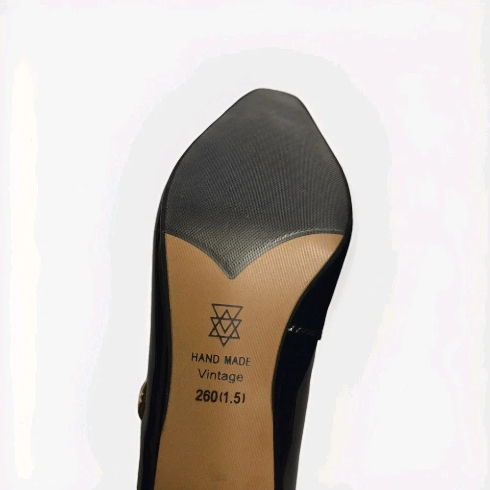 Handmade Vintage Mary Jane Heels Black Gold Cap Toe Patent Leather Size 9 /... - Picture 3 of 12